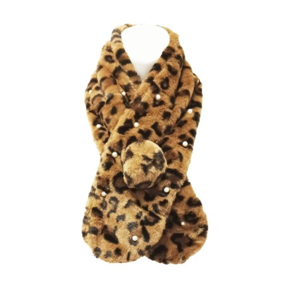Tigerstars Chic Leopard Print Pearly Pom Pom Faux Fur Scarf - Picture 1 of 2